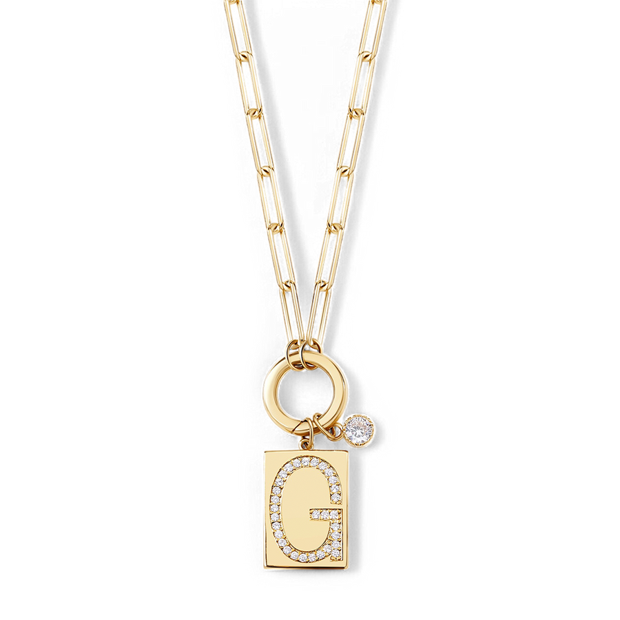Gold Pave Initial Pendant Necklace with Paperclip Chain