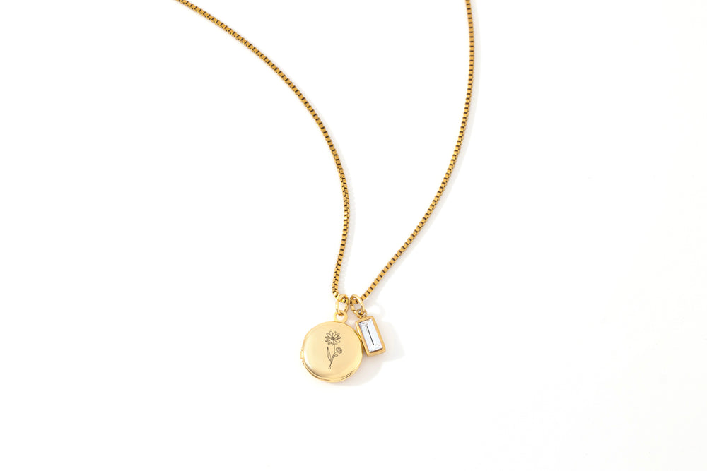 Family Birth Flower Locket Necklace with Birthstone