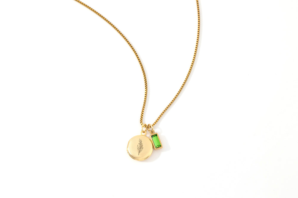 Family Birth Flower Locket Necklace with Birthstone