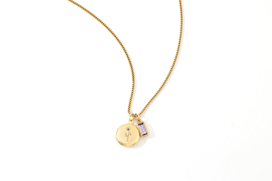 Family Birth Flower Locket Necklace with Birthstone