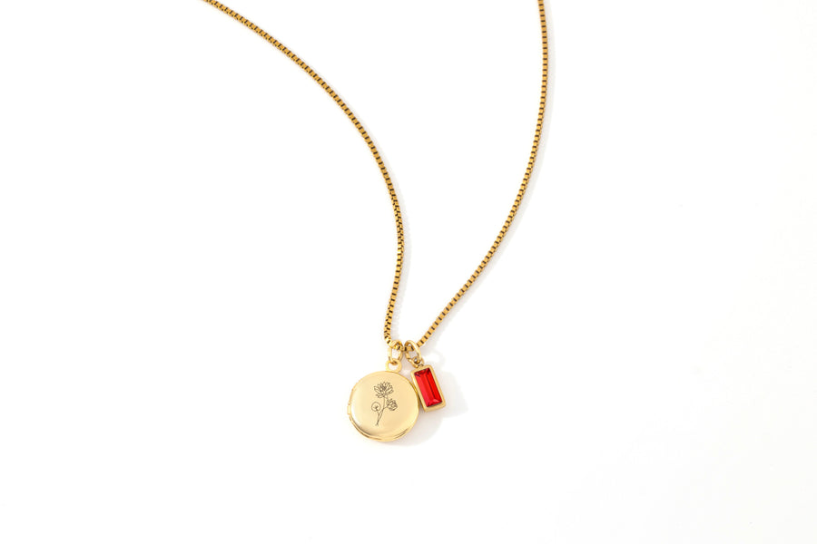 Family Birth Flower Locket Necklace with Birthstone