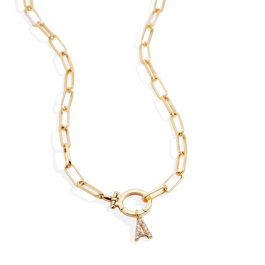 Mint Paperclip Necklace with Pave Initial Charm