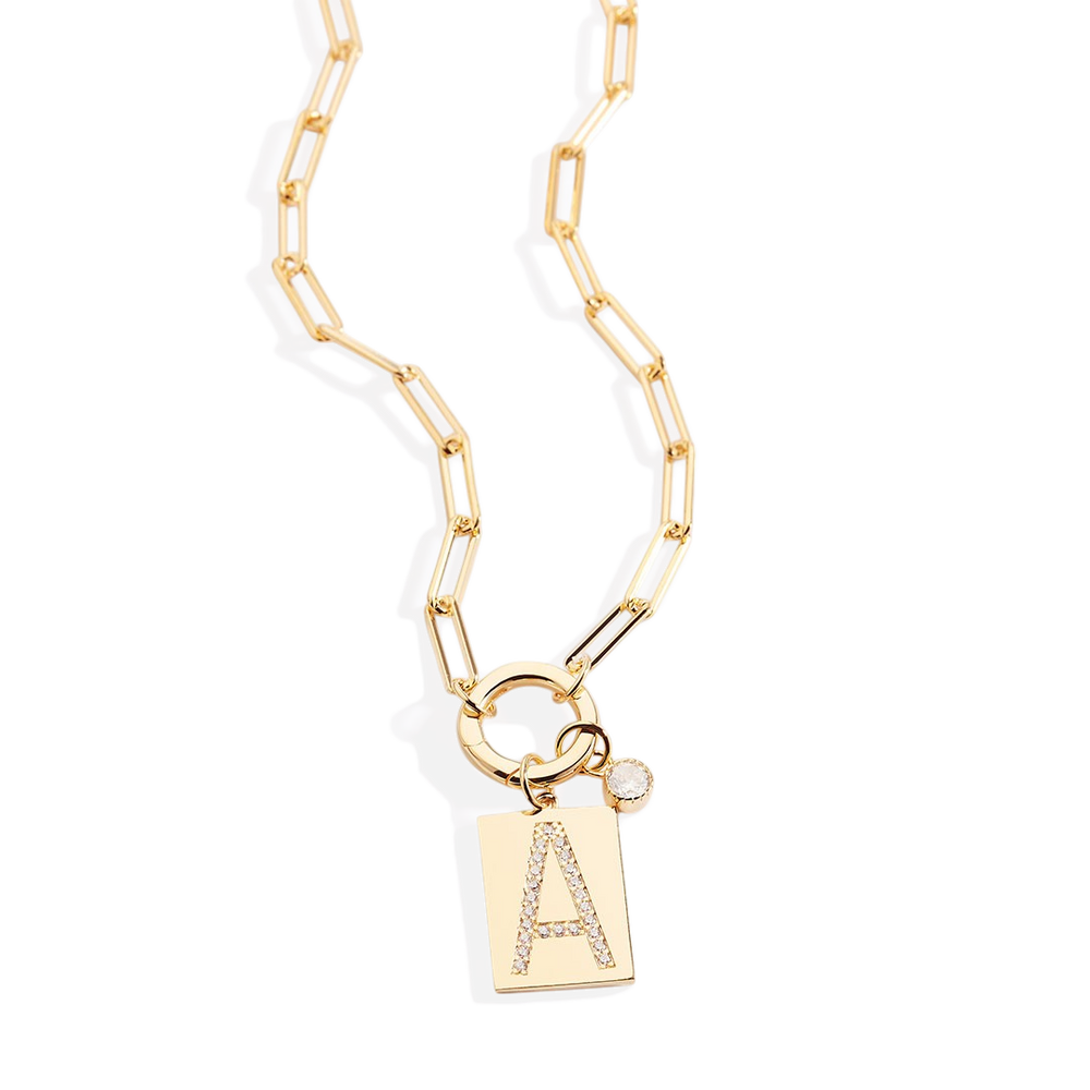 Gold Pave Initial Pendant Necklace with Paperclip Chain