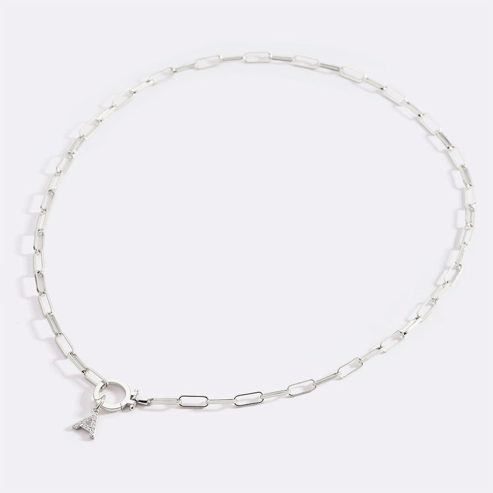 Mint Paperclip Necklace with Pave Initial Charm