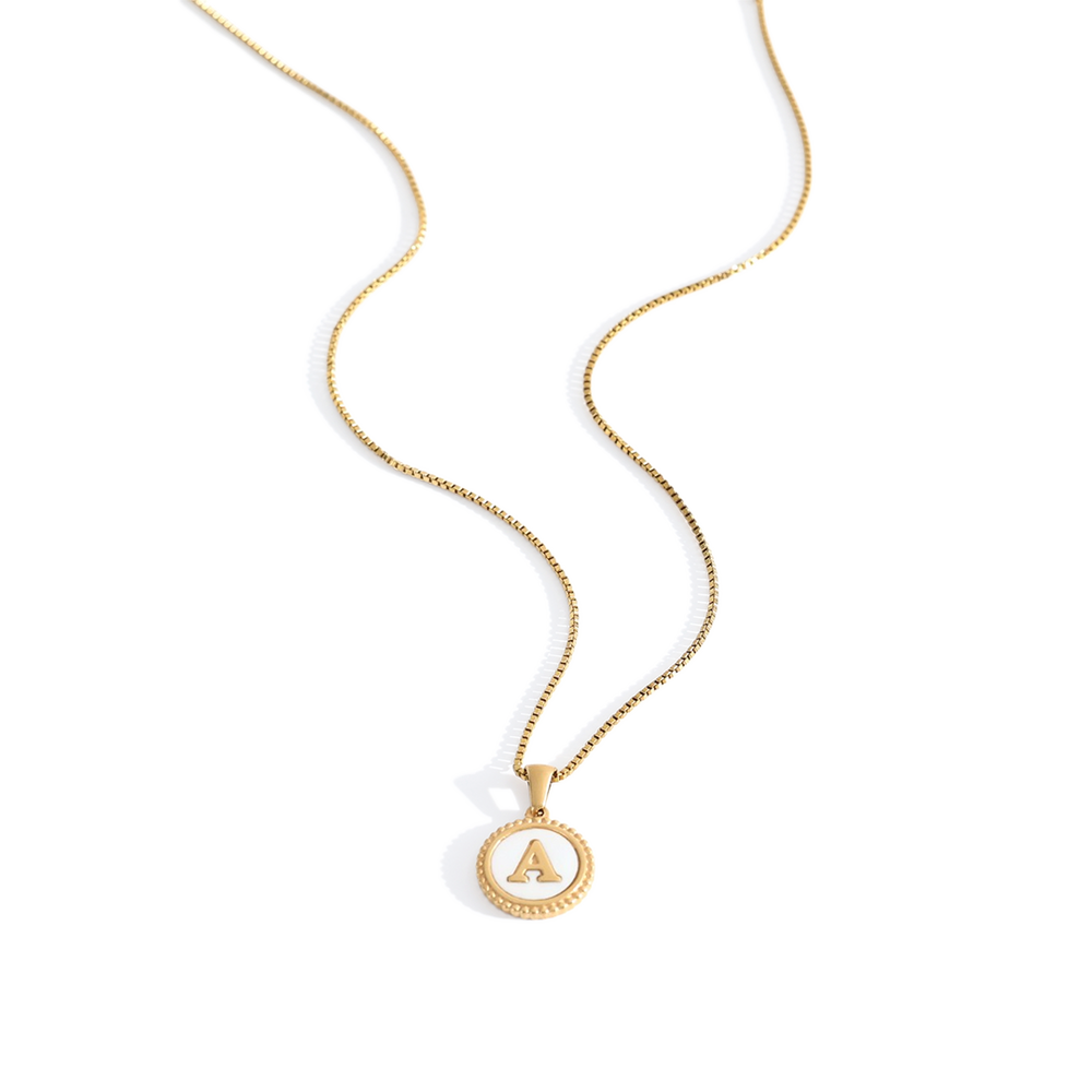 Mother of Pearl Disc Letter Necklace with Box Chain