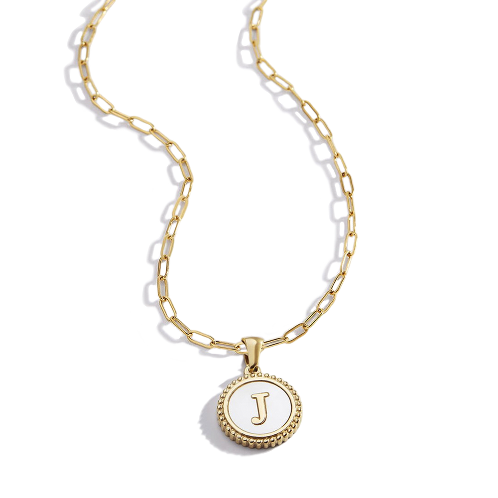 Mother of Pearl Disc Letter Necklace with Paperclip Chain