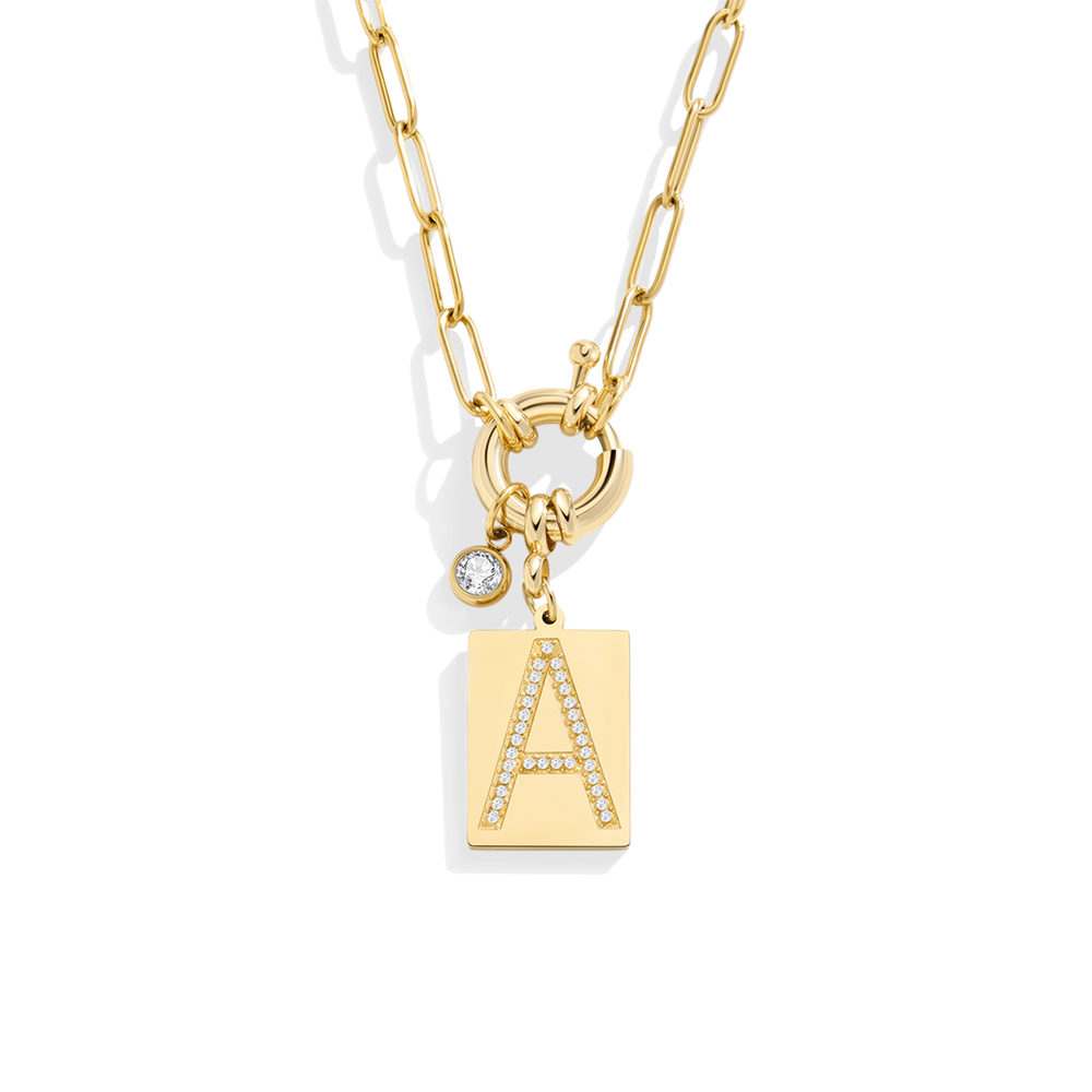 Gold Pave Initial Pendant Necklace with Paperclip Chain
