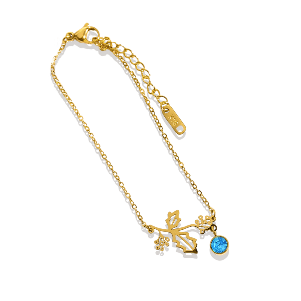 Delikat fødselsblomst-armbånd med månedsstein-charm