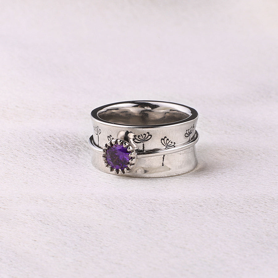 Dandelion spinnende fidget-ring i sølv med månedsstein