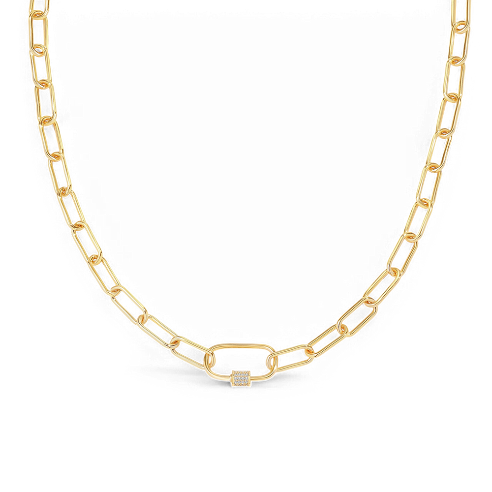 Link Chain Necklace with Pave Carabiner Clasp