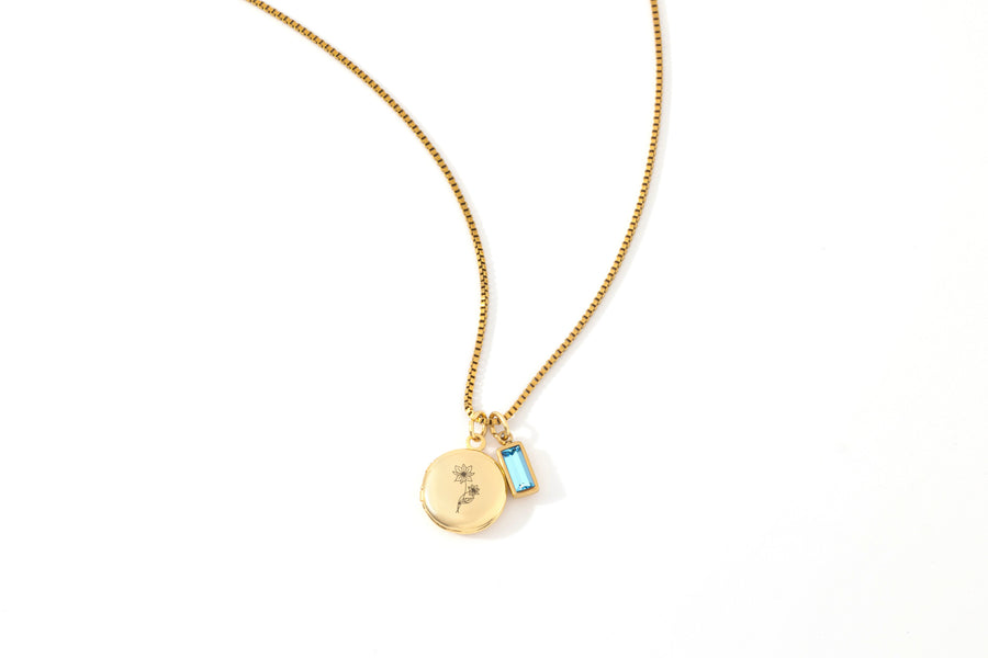 Family Birth Flower Locket Necklace with Birthstone