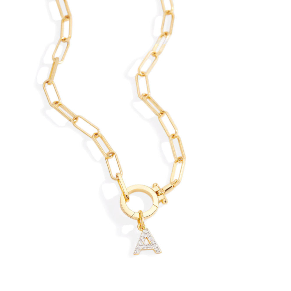 Mint Paperclip Necklace with Pave Initial Charm