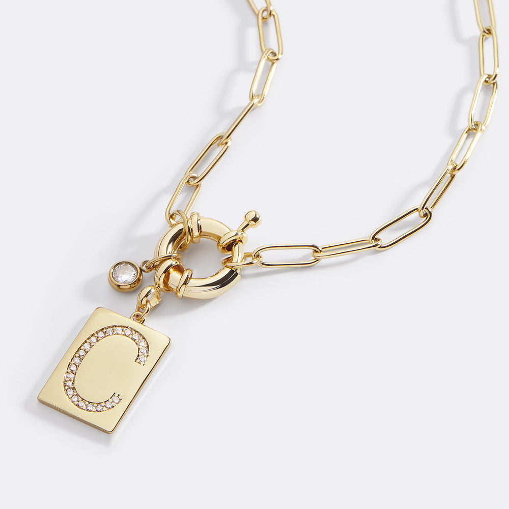 Pave Initial Pendant Necklace with Paperclip Chain
