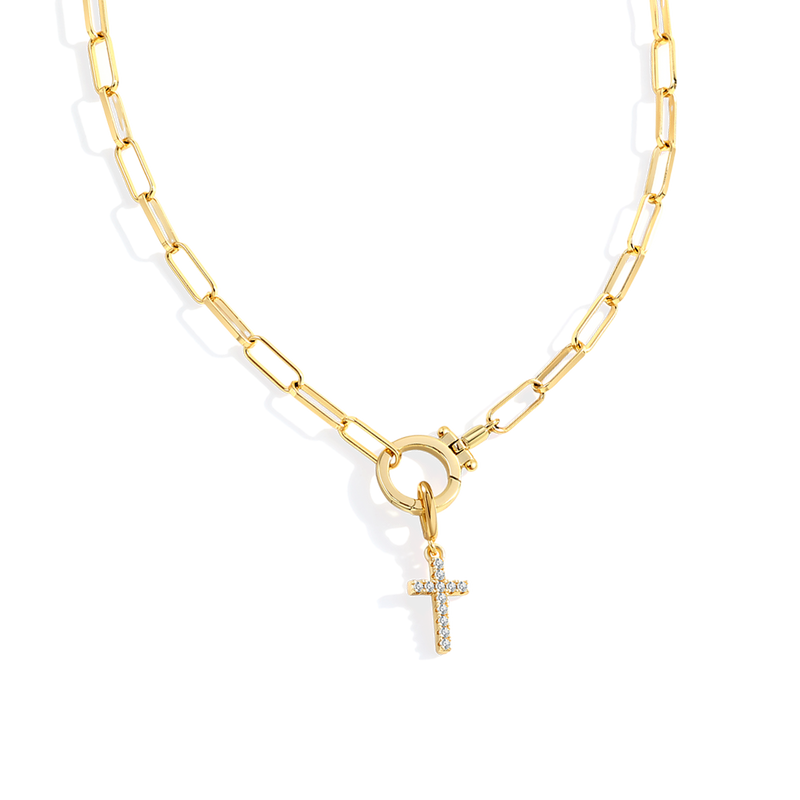 Collier trombone à breloque croix pavée