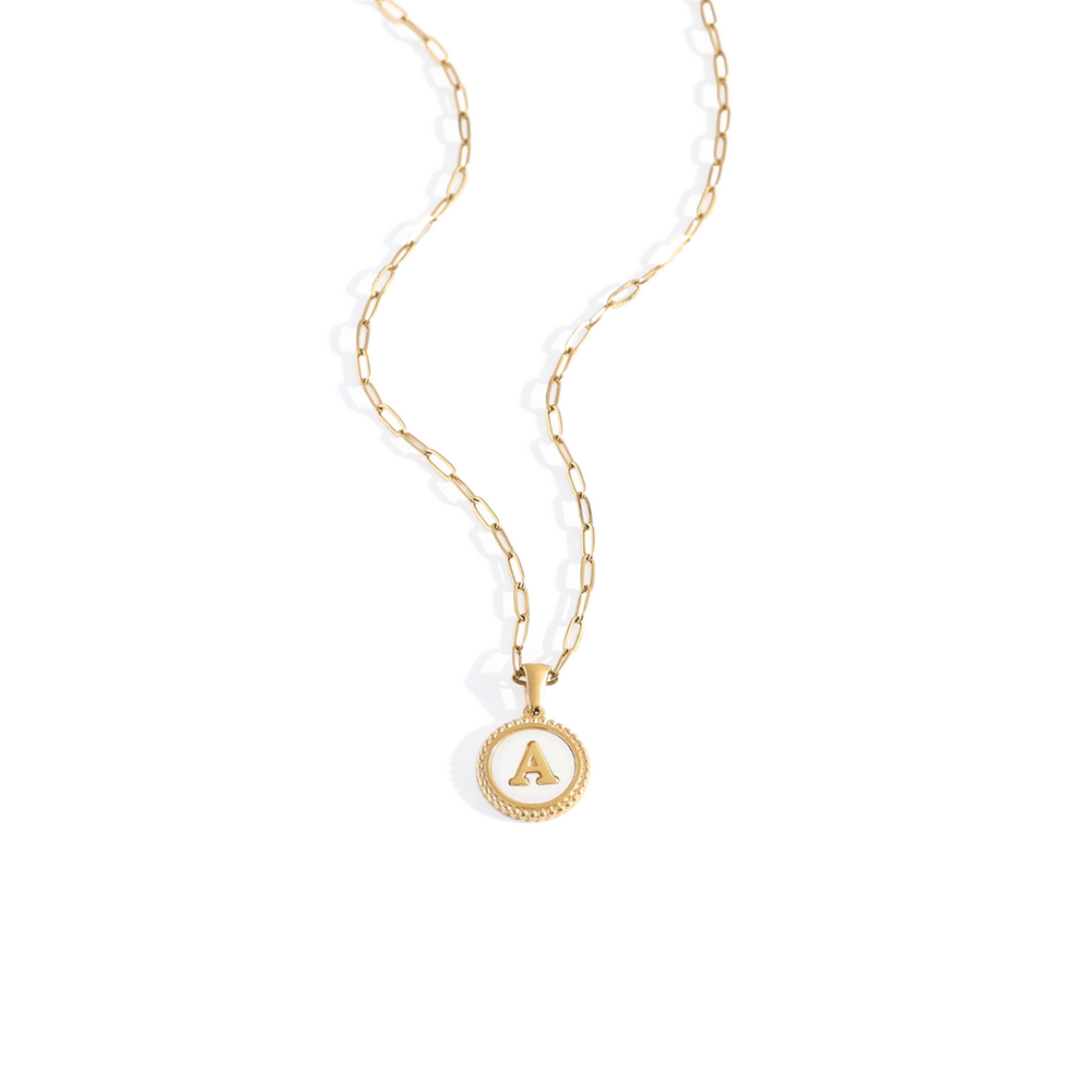 Mother of Pearl Disc Letter Necklace with Paperclip Chain
