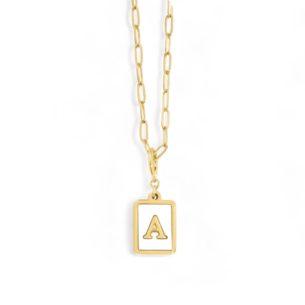 Mother of Pearl Card Initial Necklace | Paperclip Chain