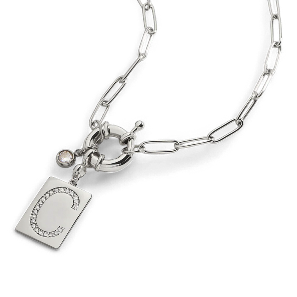 Pave Initial Pendant Necklace with Paperclip Chain