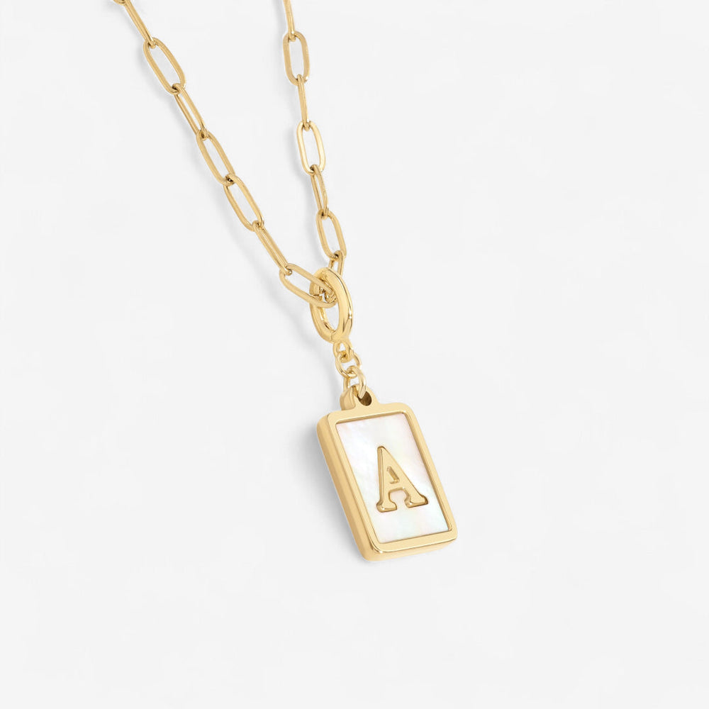 Mother of Pearl Card Initial Necklace | Paperclip Chain