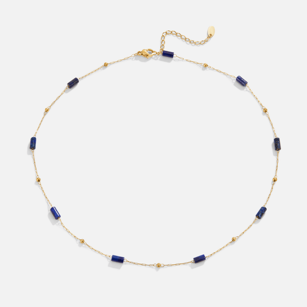 Gullfarget halskjede med perler av blå naturlig lapis lazuli – bilde 3
